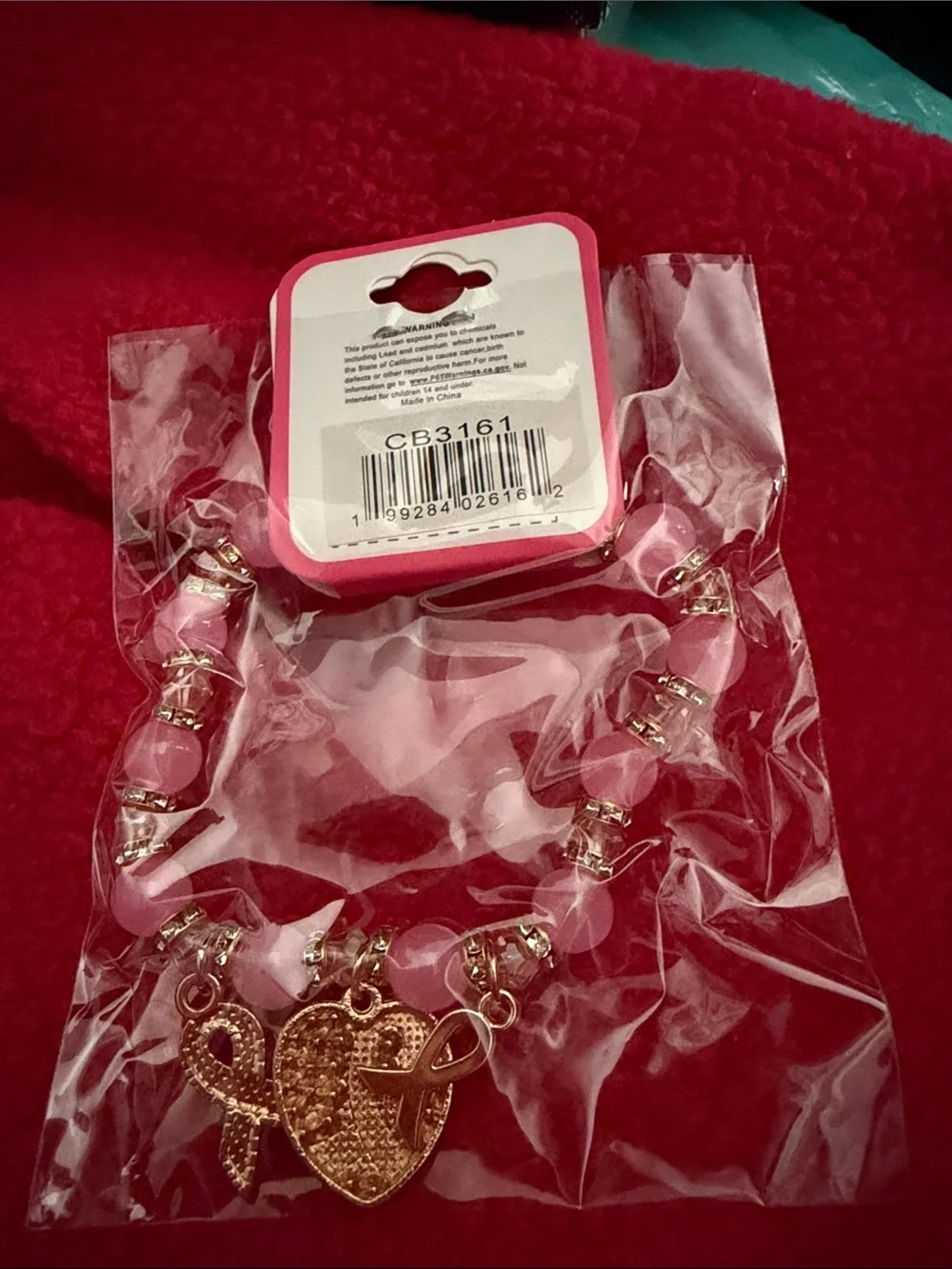 Nicole Pink Beaded Breast Cancer Awareness Bracelet with Ribbon Charms